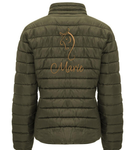 Dames winterjas met paardenlijntekening & tekst